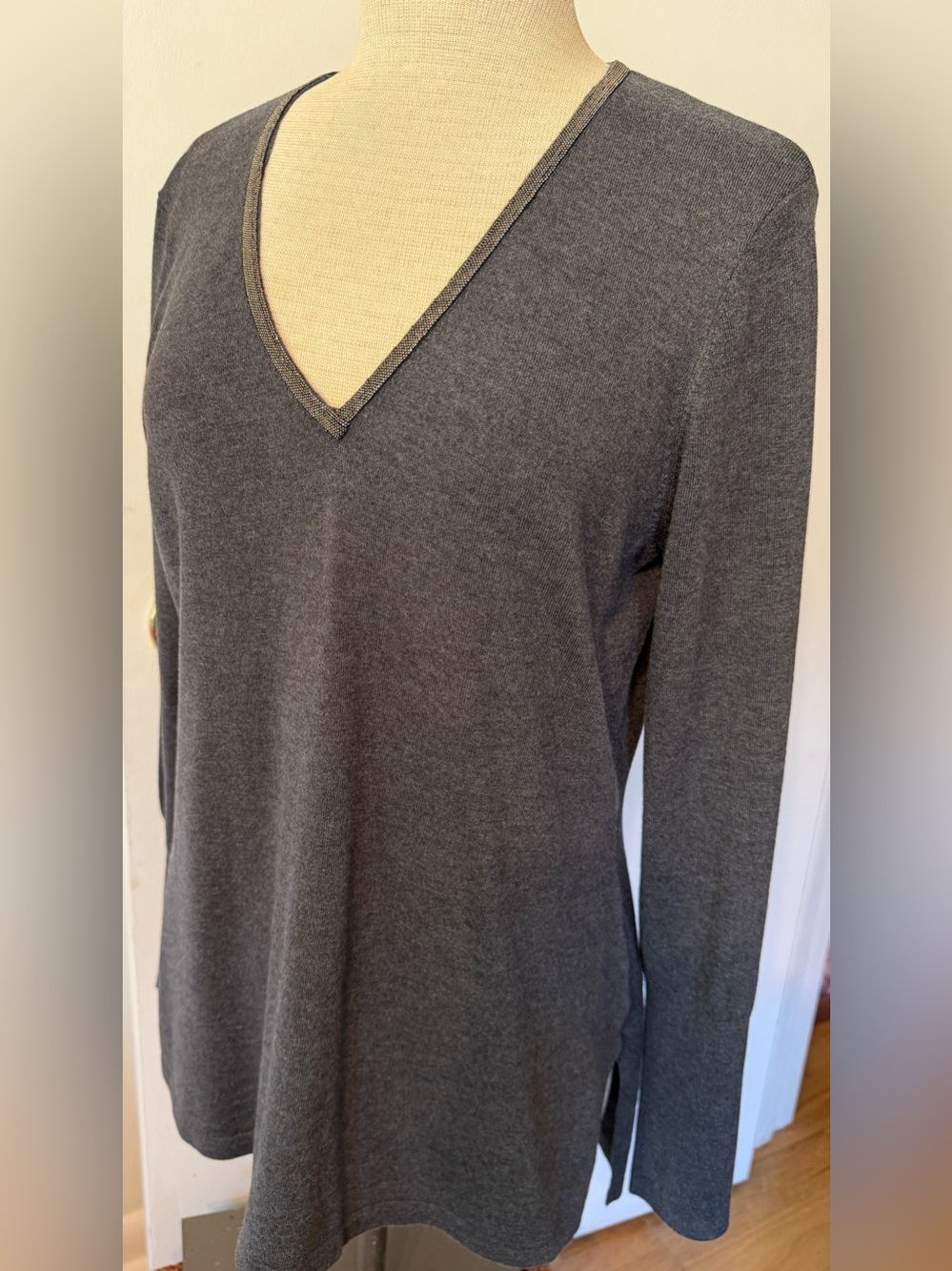 ecru Women's Soft V-Neck Sweater with Silver Mesh Trim and Unique Back